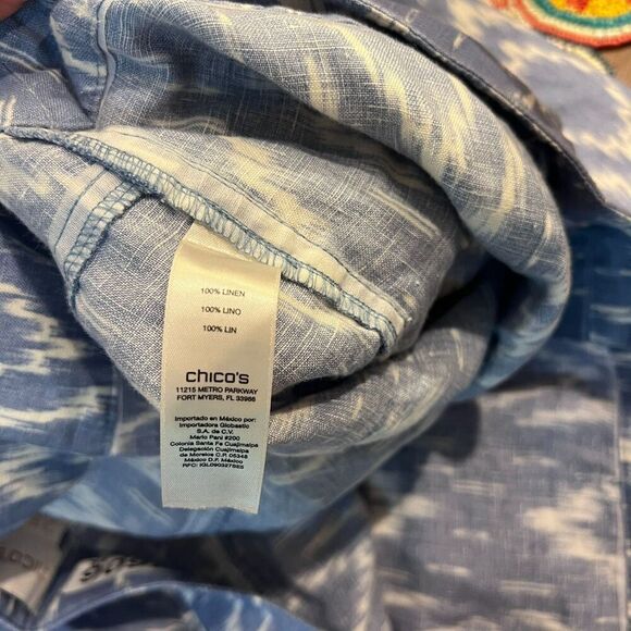 Chico's Blue White Linen Chino Pants Sz 14 2.5 Wide Leg Ikat Beach Boho Womens - Picture 6 of 12